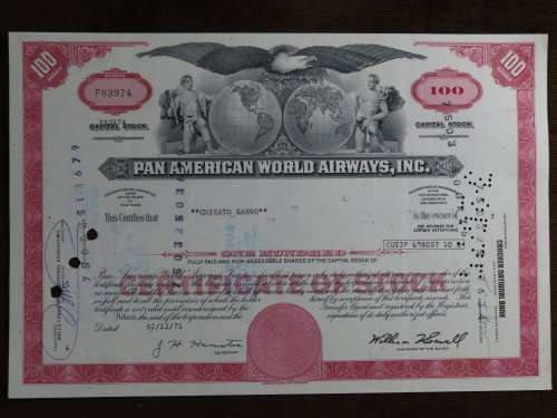 Pan American World Airways, Stock Certificate, 1975 , 100 Shares