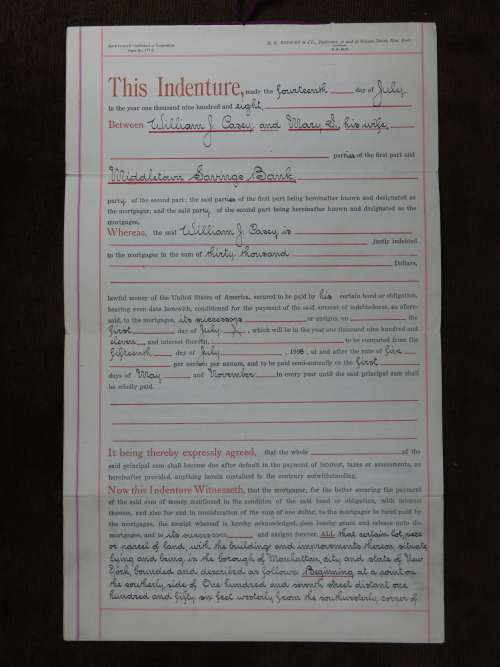 1908 Mortgage Indenture with Seal, Hand Written, New York City