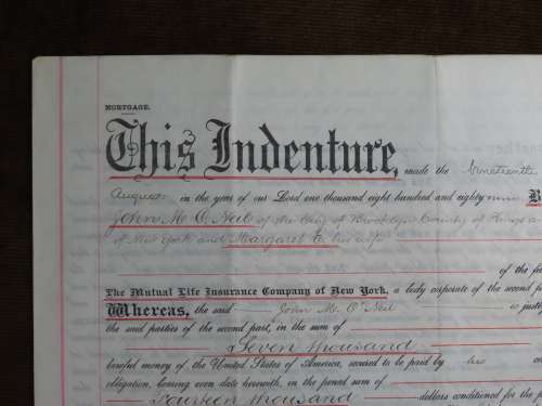 1889 Mortgage Indenture with Seal, Hand Written, New York City