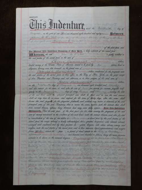 1889 Mortgage Indenture with Seal, Hand Written, New York City