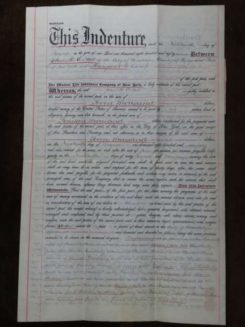 1889 Mortgage Indenture with Seal, Hand Written, New York City