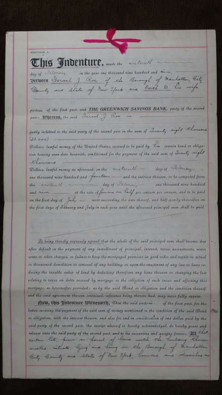 1909 Mortgage Indenture with Seal, Hand Written, New York City