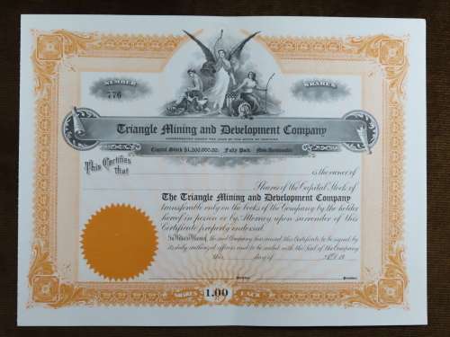 Triangle Mining and Development Company, Stock Certificate, 1912, Unissued - Uncirculated