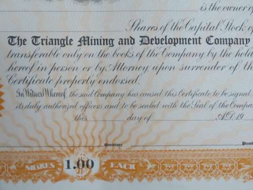 Triangle Mining and Development Company, Stock Certificate, 1912, Unissued - Uncirculated