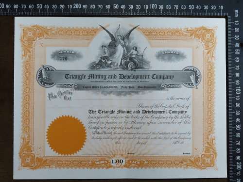 Triangle Mining and Development Company, Stock Certificate, 1912, Unissued - Uncirculated