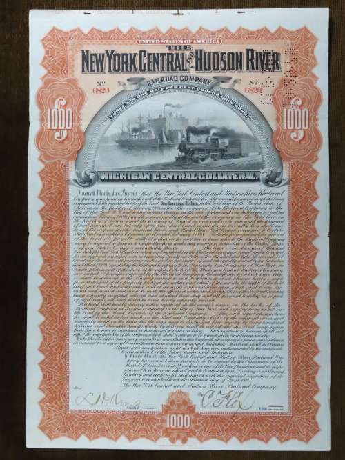 New York Central and Hudson River Railroad, $1000 Gold Bond Certificate, 1898