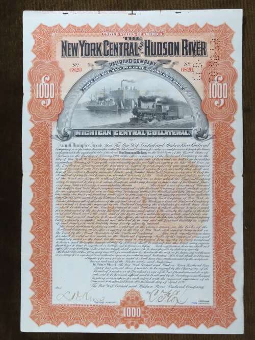 New York Central and Hudson River Railroad, $1000 Gold Bond Certificate, 1898