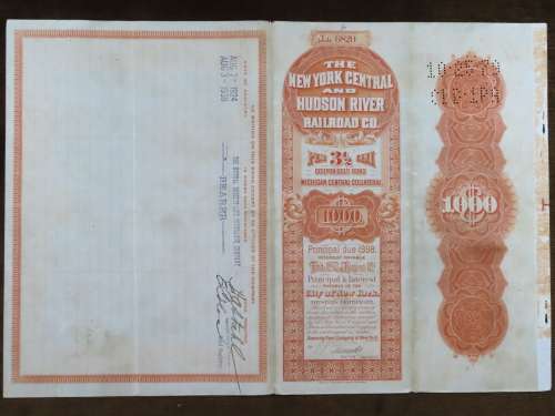 New York Central and Hudson River Railroad, $1000 Gold Bond Certificate, 1898