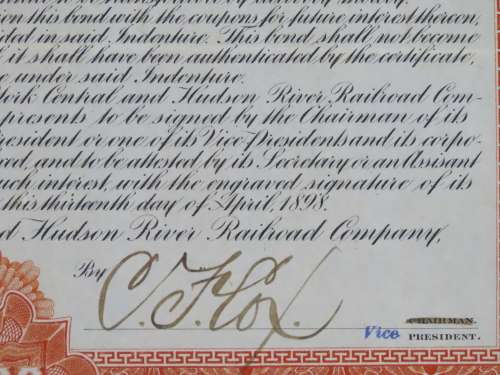 New York Central and Hudson River Railroad, $1000 Gold Bond Certificate, 1898