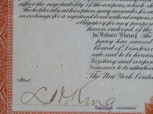 New York Central and Hudson River Railroad, $1000 Gold Bond Certificate, 1898