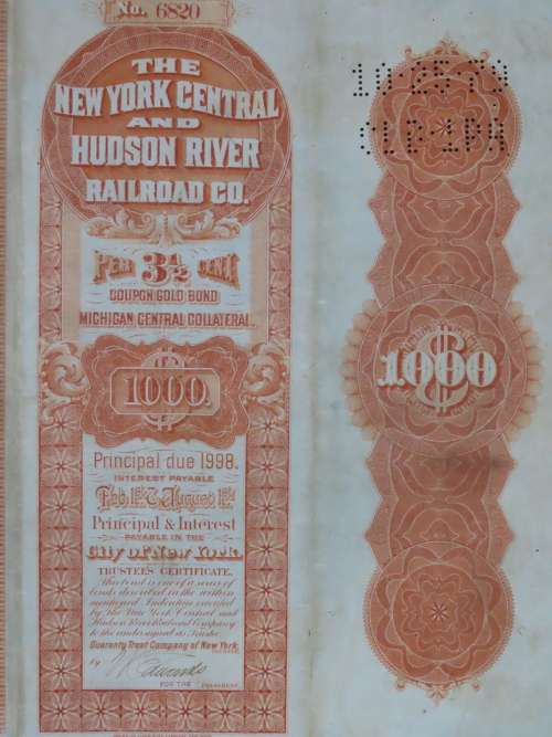 New York Central and Hudson River Railroad, $1000 Gold Bond Certificate, 1898