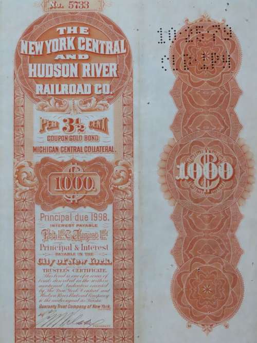 New York Central and Hudson River Railroad, $1000 Gold Bond Certificate, 1898