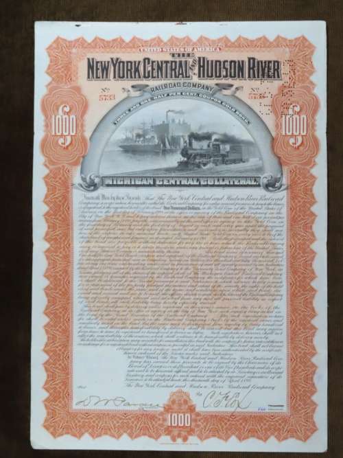 New York Central and Hudson River Railroad, $1000 Gold Bond Certificate, 1898