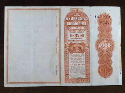 New York Central and Hudson River Railroad, $1000 Gold Bond Certificate, 1898