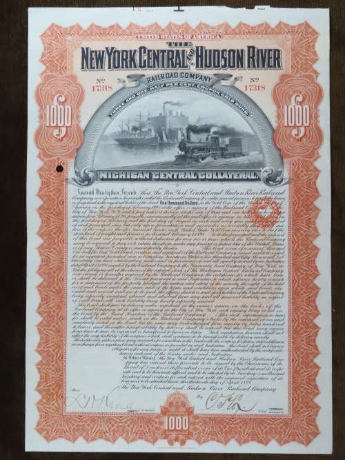 1898 New York Central and Hudson River Railroad, $1000 Gold Bond Certificate