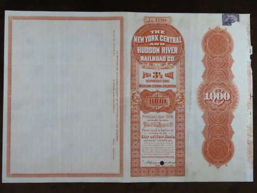 1898 New York Central and Hudson River Railroad, $1000 Gold Bond Certificate