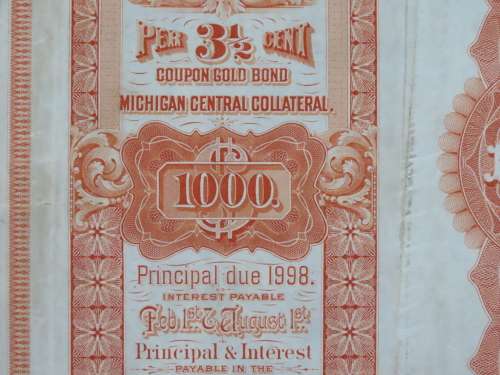 1898 New York Central and Hudson River Railroad, $1000 Gold Bond Certificate