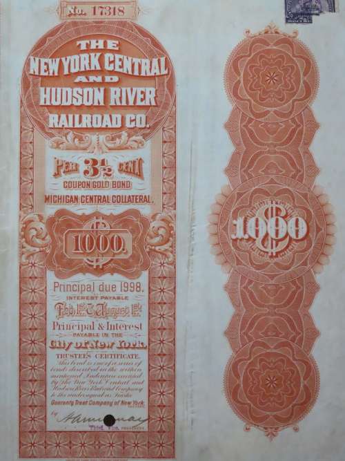 1898 New York Central and Hudson River Railroad, $1000 Gold Bond Certificate