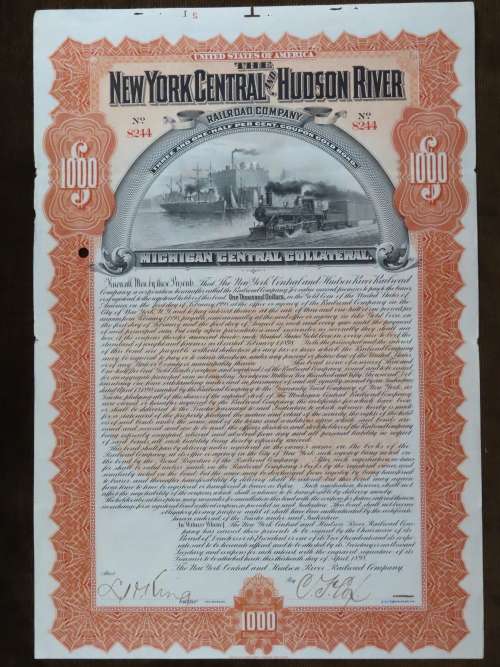 1898 New York Central and Hudson River Railroad, $1000 Gold Bond Certificate