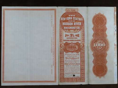 1898 New York Central and Hudson River Railroad, $1000 Gold Bond Certificate