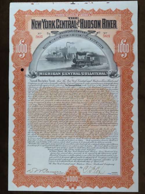 1898 New York Central and Hudson River Railroad, $1000 Gold Bond Certificate