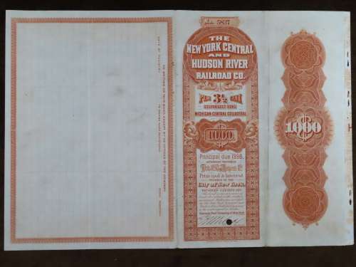 1898 New York Central and Hudson River Railroad, $1000 Gold Bond Certificate
