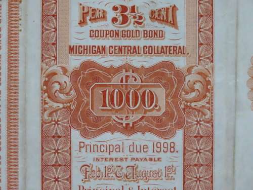 1898 New York Central and Hudson River Railroad, $1000 Gold Bond Certificate