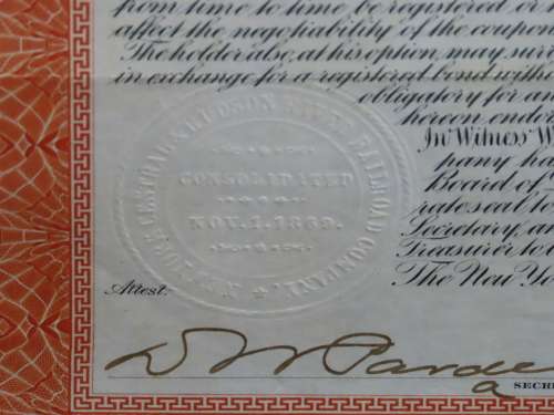 1898 New York Central and Hudson River Railroad, $1000 Gold Bond Certificate