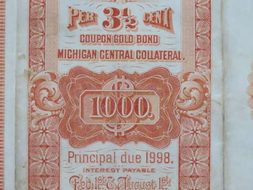 1898 New York Central and Hudson River Railroad, $1000 Gold Bond Certificate 16290