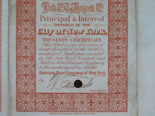 1898 New York Central and Hudson River Railroad, $1000 Gold Bond Certificate 16290