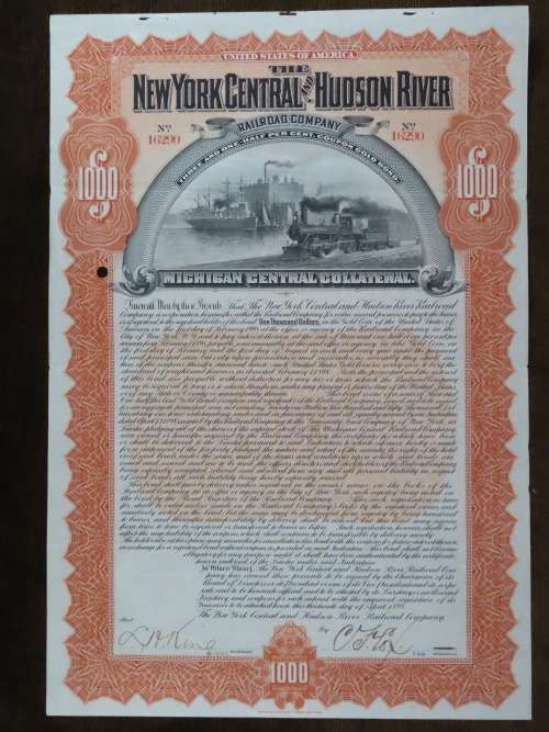 1898 New York Central and Hudson River Railroad, $1000 Gold Bond Certificate 16290