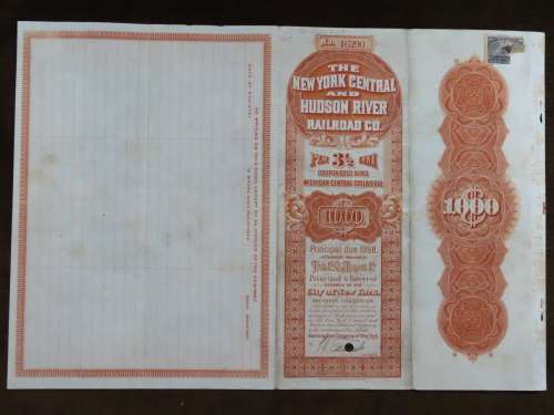1898 New York Central and Hudson River Railroad, $1000 Gold Bond Certificate 16290