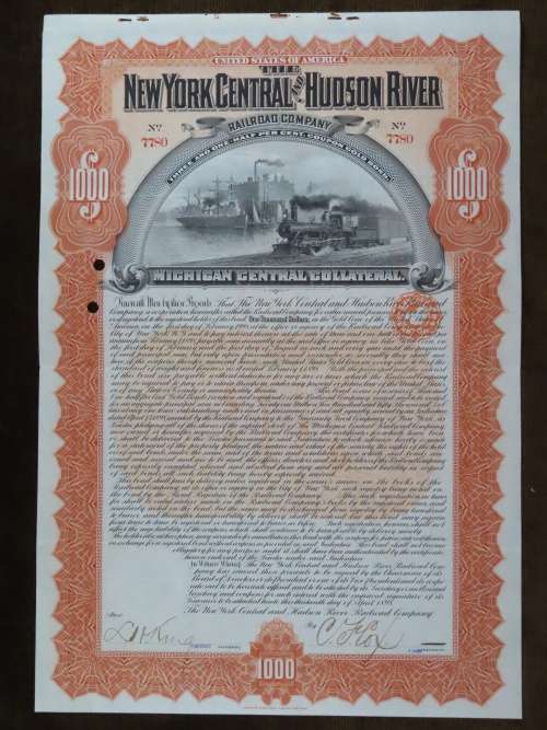 1898 New York Central and Hudson River Railroad, $1000 Gold Bond Certificate 7780