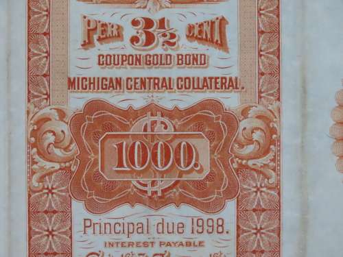 1898 New York Central and Hudson River Railroad, $1000 Gold Bond Certificate 7780