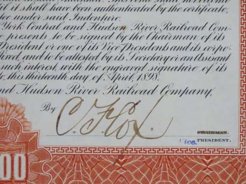 1898 New York Central and Hudson River Railroad, $1000 Gold Bond Certificate 7767