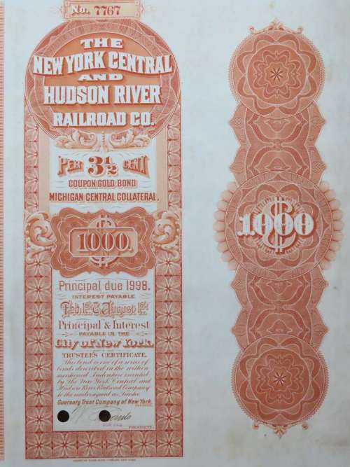 1898 New York Central and Hudson River Railroad, $1000 Gold Bond Certificate 7767