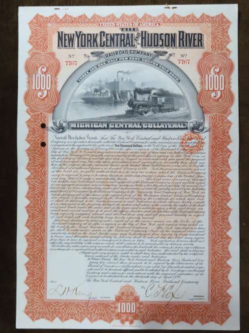 1898 New York Central and Hudson River Railroad, $1000 Gold Bond Certificate 7767