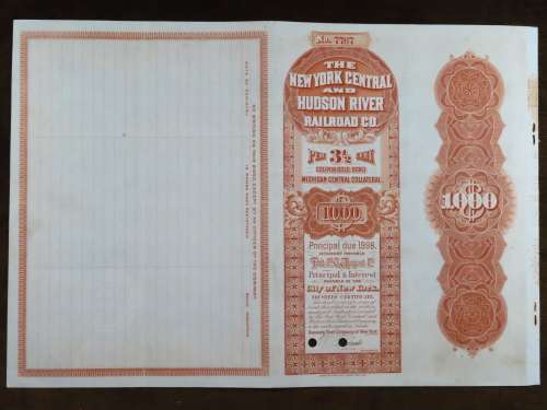 1898 New York Central and Hudson River Railroad, $1000 Gold Bond Certificate 7767