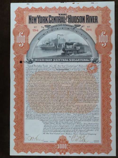 1898 New York Central and Hudson River Railroad, $1000 Gold Bond Certificate 7784