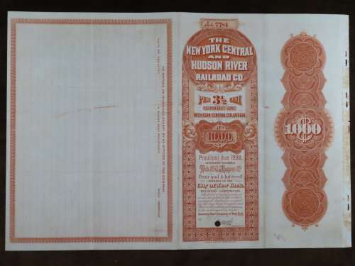 1898 New York Central and Hudson River Railroad, $1000 Gold Bond Certificate 7784