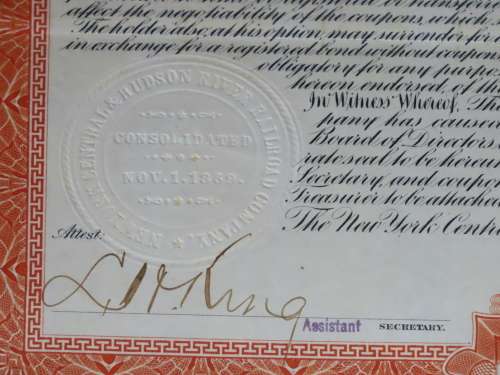 1898 New York Central and Hudson River Railroad, $1000 Gold Bond Certificate 7784