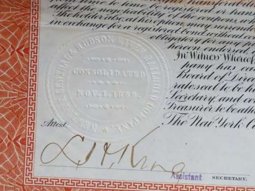 1898 New York Central and Hudson River Railroad, $1000 Gold Bond Certificate 7782