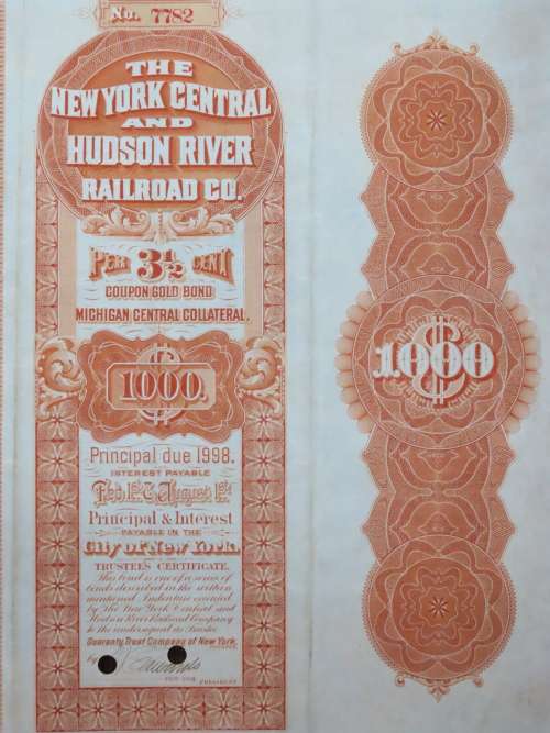 1898 New York Central and Hudson River Railroad, $1000 Gold Bond Certificate 7782