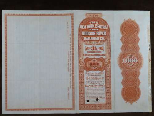 1898 New York Central and Hudson River Railroad, $1000 Gold Bond Certificate 7782
