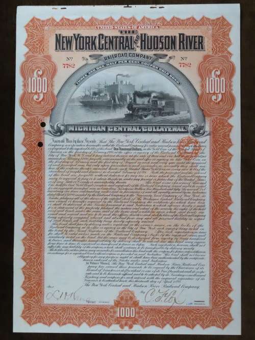 1898 New York Central and Hudson River Railroad, $1000 Gold Bond Certificate 7782