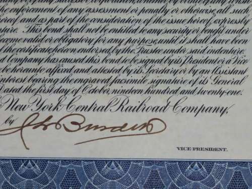 1921 New York Central Railroad Company, $1000 Bond Certificate M14860