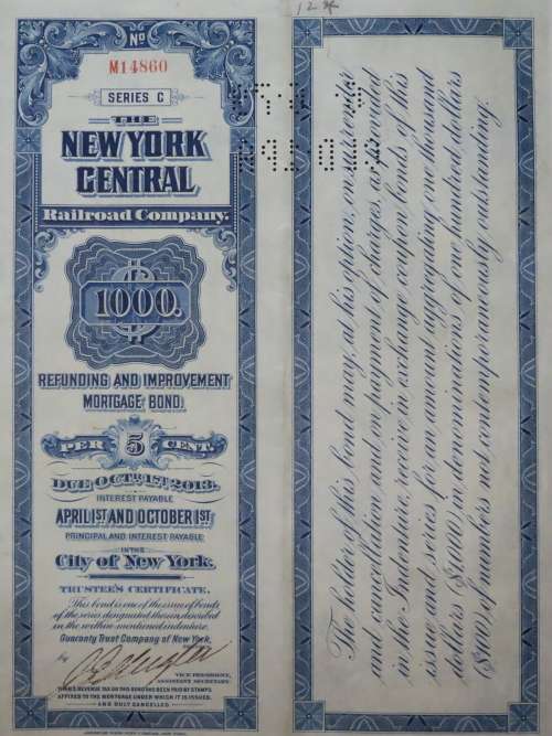 1921 New York Central Railroad Company, $1000 Bond Certificate M14860