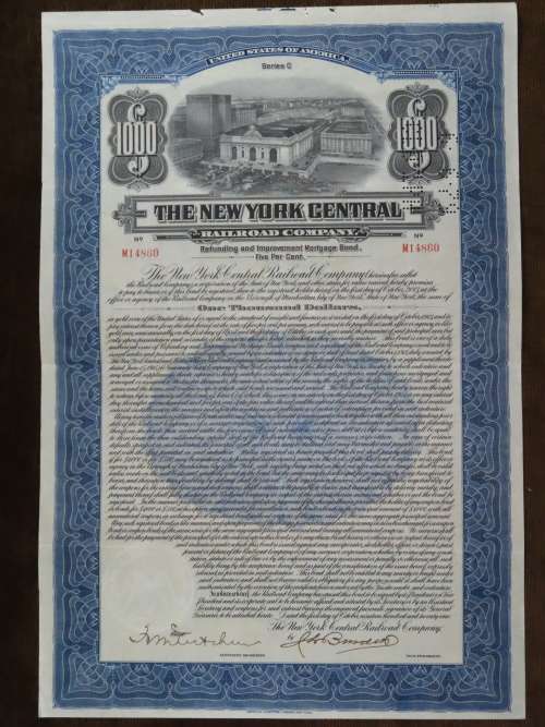 1921 New York Central Railroad Company, $1000 Bond Certificate M14860