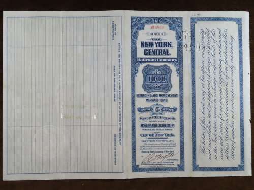 1921 New York Central Railroad Company, $1000 Bond Certificate M14860