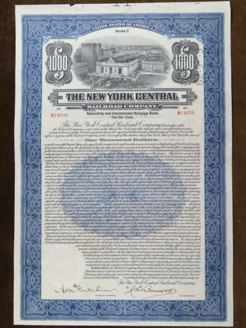 1921 New York Central Railroad Company, $1000 Bond Certificate M14609